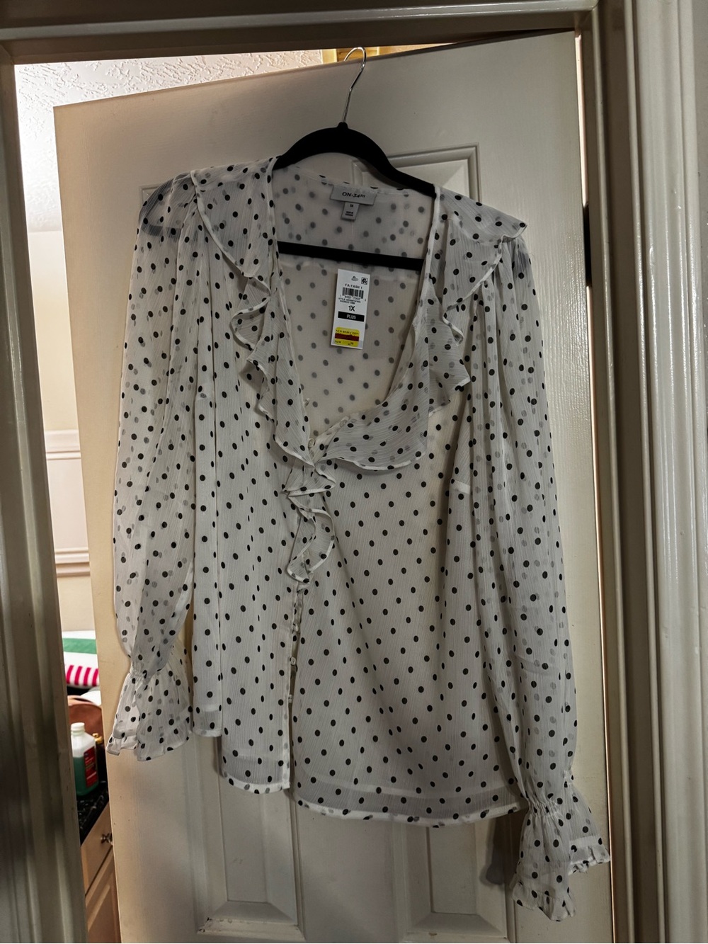 Polka Dot Ruffle V-Neck Blouse - White/Black